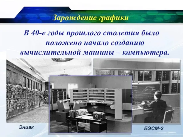 Зарождение графики В 40-е годы прошлого столетия было положено начало созданию вычислительной