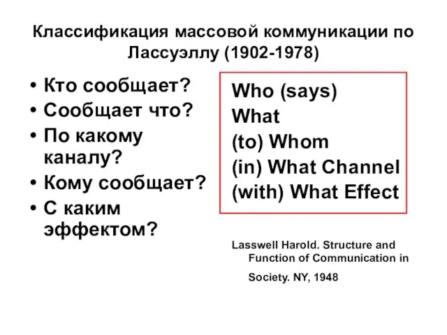 Классификация массовой коммуникации по Лассуэллу (1902-1978) Кто сообщает? Сообщает что? По какому