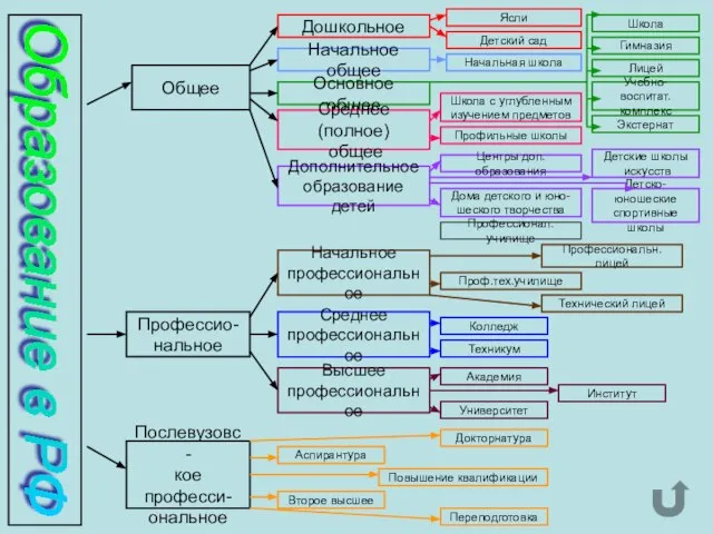 Образование в РФ Общее Профессио- нальное Послевузовс- кое професси- ональное Дошкольное Начальное