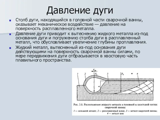 Давление дуги Столб дуги, находящийся в головной части сварочной ванны, оказывает механическое