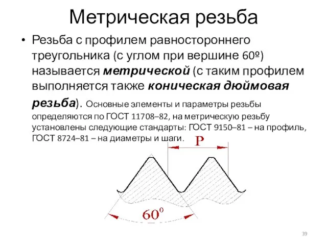 Метрическая резьба Резьба с профилем равностороннего треугольника (с углом при вершине 60º)