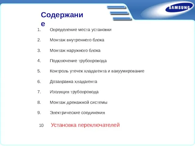 Определение места установки Монтаж внутреннего блока Монтаж наружного блока Подключение трубопровода Контроль