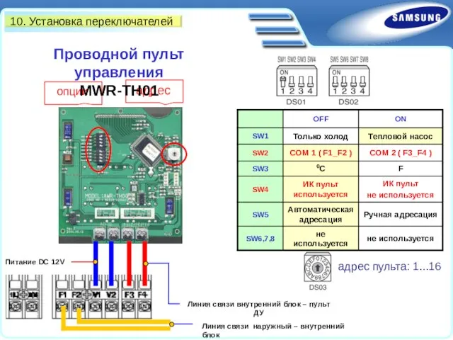 10. Установка переключателей адрес опции адрес пульта: 1...16 Проводной пульт управления MWR-TH01