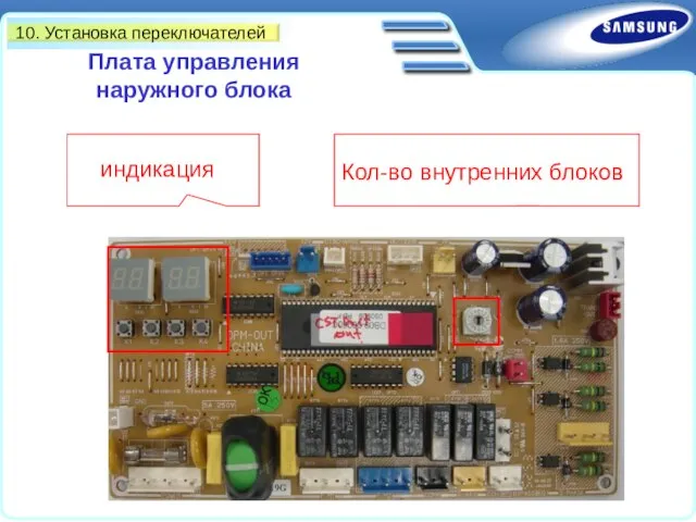 10. Установка переключателей Плата управления наружного блока Кол-во внутренних блоков индикация