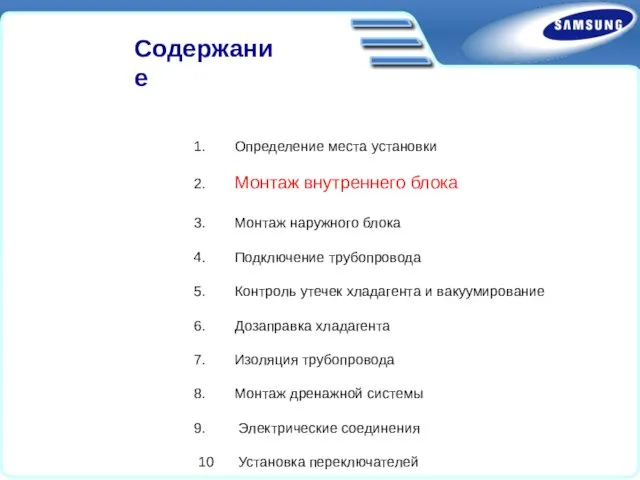 Определение места установки Монтаж внутреннего блока Монтаж наружного блока Подключение трубопровода Контроль