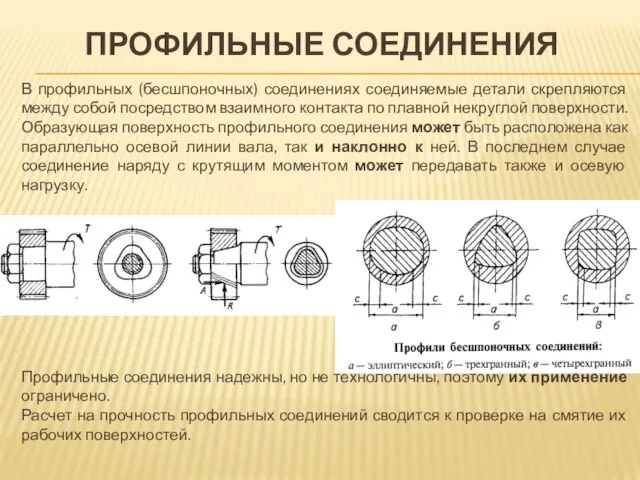 ПРОФИЛЬНЫЕ СОЕДИНЕНИЯ В профильных (бесшпоночных) соединениях соединяемые детали скрепляются между собой посредством