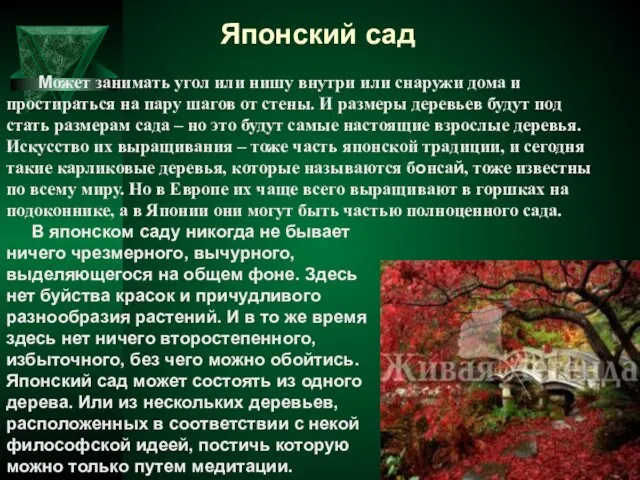 Может занимать угол или нишу внутри или снаружи дома и простираться на