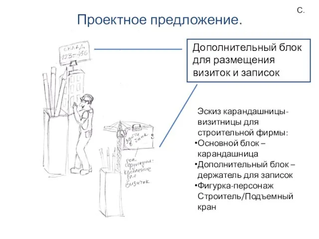 С. Дополнительный блок для размещения визиток и записок Эскиз карандашницы-визитницы для строительной