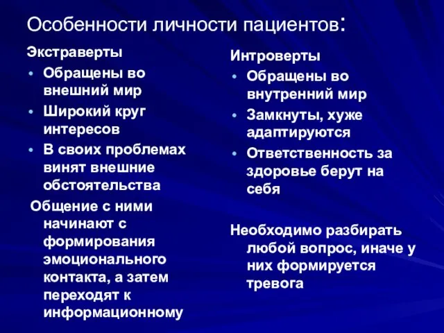 Особенности личности пациентов: Экстраверты Обращены во внешний мир Широкий круг интересов В