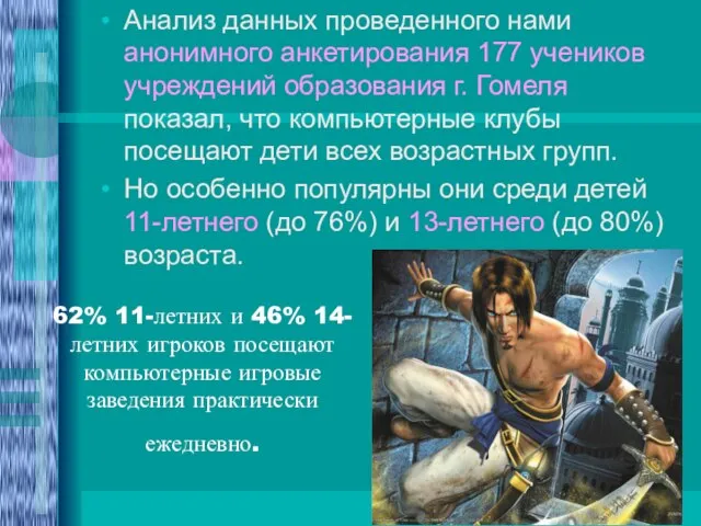 62% 11-летних и 46% 14-летних игроков посещают компьютерные игровые заведения практически ежедневно.