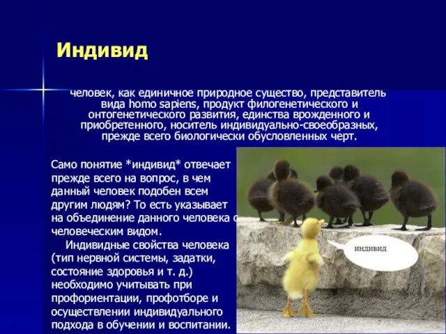 Индивид человек, как единичное природное существо, представитель вида homo sapiens, продукт филогенетического