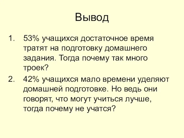 Вывод 53% учащихся достаточное время тратят на подготовку домашнего задания. Тогда почему