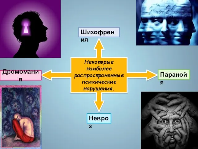 Некоторые наиболее распространенные психические нарушения. Шизофрения Дромомания Невроз Паранойя