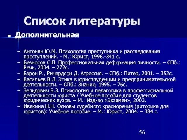 Список литературы Дополнительная Антонян Ю.М. Психология преступника и расследования преступлений. - М.: