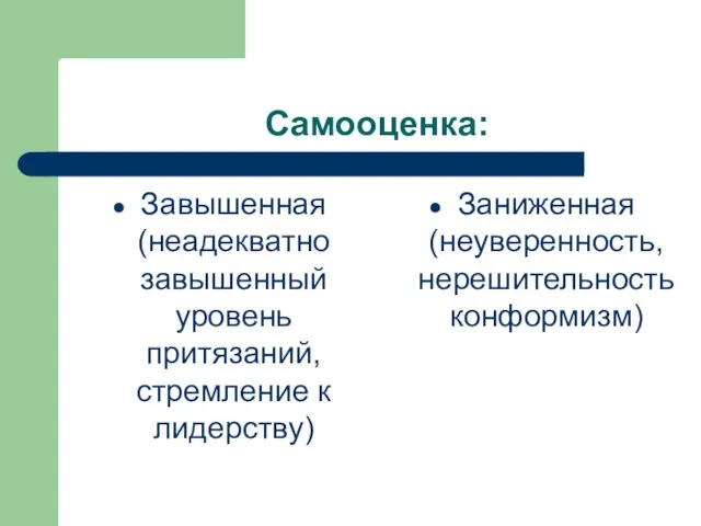 Самооценка: Завышенная (неадекватно завышенный уровень притязаний, стремление к лидерству) Заниженная (неуверенность, нерешительность конформизм)