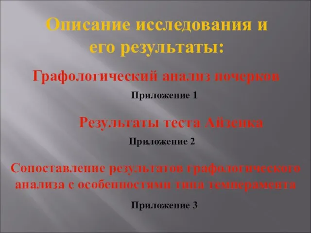 Описание исследования и его результаты: Графологический анализ почерков Приложение 1 Результаты теста