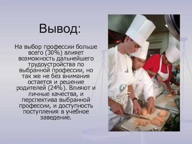 Вывод: На выбор профессии больше всего (30%) влияет возможность дальнейшего трудоустройства по