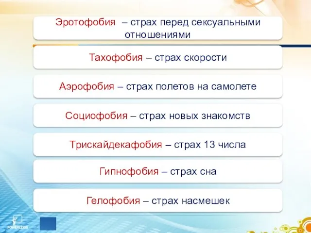 Тахофобия – страх скорости Аэрофобия – страх полетов на самолете Социофобия –