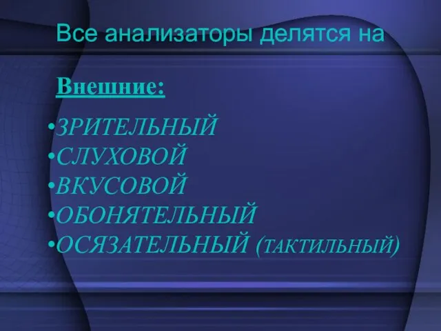 Все анализаторы делятся на Внешние: ЗРИТЕЛЬНЫЙ СЛУХОВОЙ ВКУСОВОЙ ОБОНЯТЕЛЬНЫЙ ОСЯЗАТЕЛЬНЫЙ (ТАКТИЛЬНЫЙ)