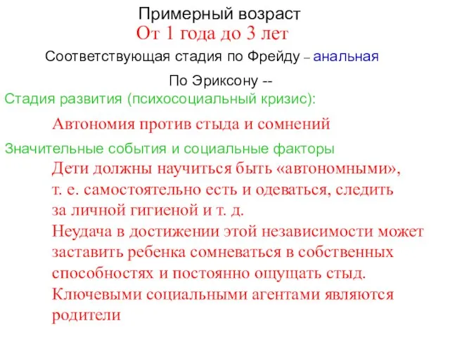 Примерный возраст По Эриксону -- Стадия развития (психосоциальный кризис): Соответствующая стадия по