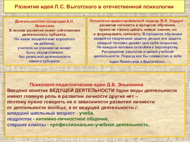 Развитие идей Л.С. Выготского в отечественной психологии Деятельностная концепция А.Н.Леонтьева В основе