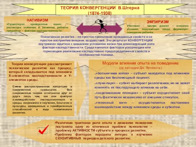 ТЕОРИЯ КОНВЕРГЕНЦИИ В.Штерна (1874-1938) Психическое развитие – не простое проявление врожденных свойств