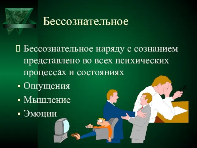 Бессознательное Бессознательное наряду с сознанием представлено во всех психических процессах и состояниях Ощущения Мышление Эмоции