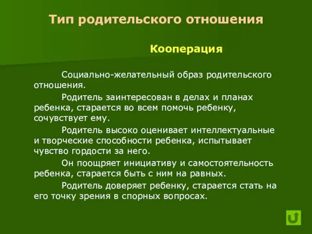 Тип родительского отношения Кооперация Социально-желательный образ родительского отношения. Родитель заинтересован в делах