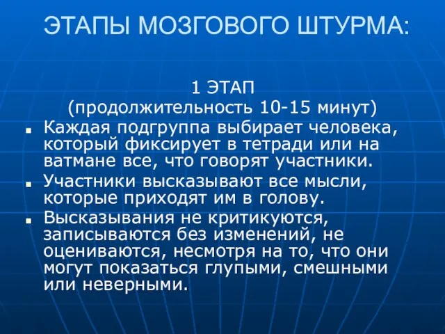 ЭТАПЫ МОЗГОВОГО ШТУРМА: 1 ЭТАП (продолжительность 10-15 минут) Каждая подгруппа выбирает человека,