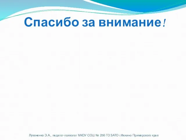 Спасибо за внимание! Лукяненко Э.А., педагог-психолог МКОУ СОШ № 256 ГО ЗАТО г.Фокино Приморского края