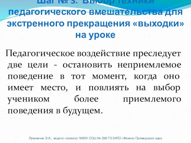 Шаг № 3. Выбор техники педагогического вмешательства для экстренного прекращения «выходки» на