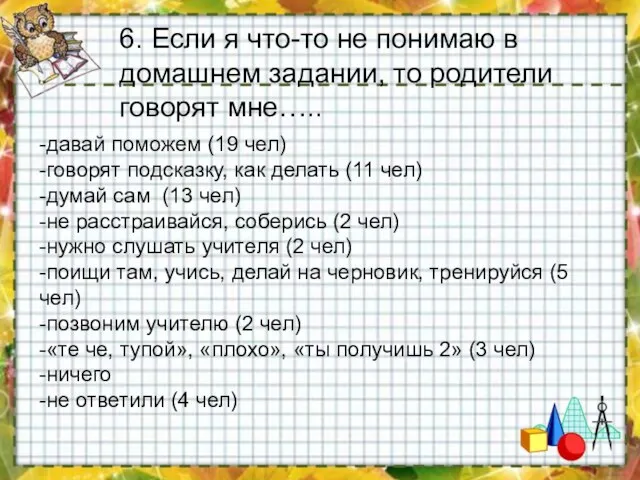 -давай поможем (19 чел) -говорят подсказку, как делать (11 чел) -думай сам