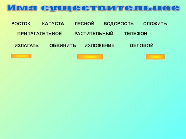 Имя существительное РОСТОК КАПУСТА ЛЕСНОЙ ВОДОРОСЛЬ ПРИЛАГАТЕЛЬНОЕ РАСТИТЕЛЬНЫЙ СЛОЖИТЬ ТЕЛЕФОН ИЗЛАГАТЬ ОБВИНИТЬ