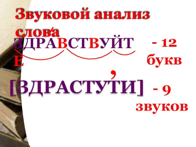 Звуковой анализ слова ЗДРАВСТВУЙТЕ - 12 букв - 9 звуков