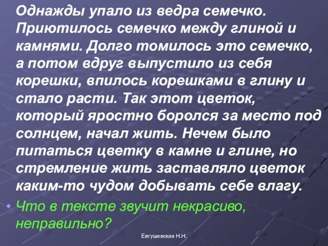 Однажды упало из ведра семечко. Приютилось семечко между глиной и камнями. Долго