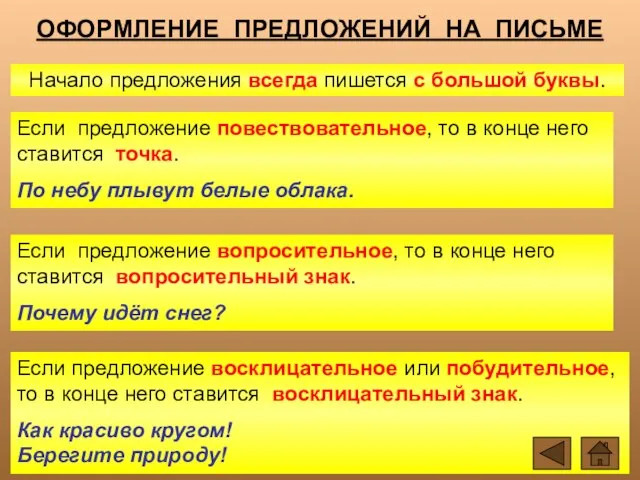 ОФОРМЛЕНИЕ ПРЕДЛОЖЕНИЙ НА ПИСЬМЕ Начало предложения всегда пишется с большой буквы. Если