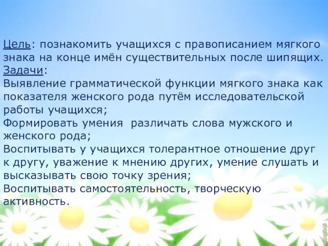 Цель: познакомить учащихся с правописанием мягкого знака на конце имён существительных после