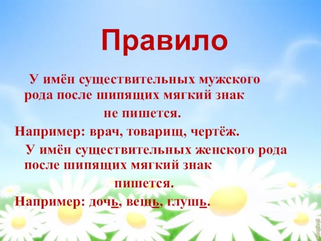 Правило У имён существительных мужского рода после шипящих мягкий знак не пишется.