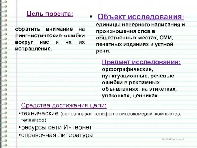 Объект исследования: единицы неверного написания и произношения слов в общественных местах, СМИ,