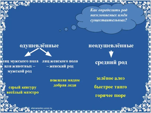 Как определить род несклоняемых имён существительных? одушевлённые неодушевлённые средний род зелёное алоэ