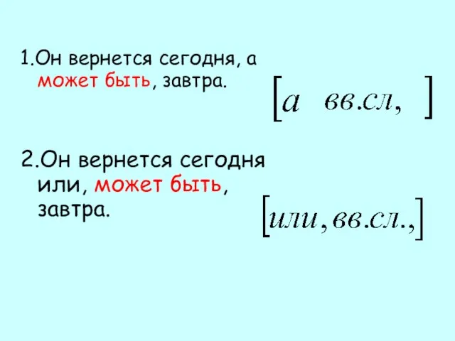 1.Он вернется сегодня, а может быть, завтра. 2.Он вернется сегодня или, может быть, завтра.