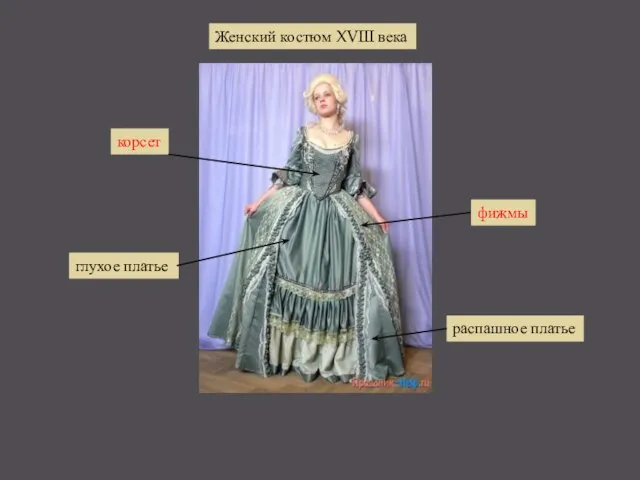 Женский костюм XVIII века корсет фижмы глухое платье распашное платье