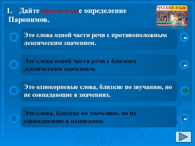 Дайте правильное определение Паронимов. Это слова одной части речи с противоположным лексическим