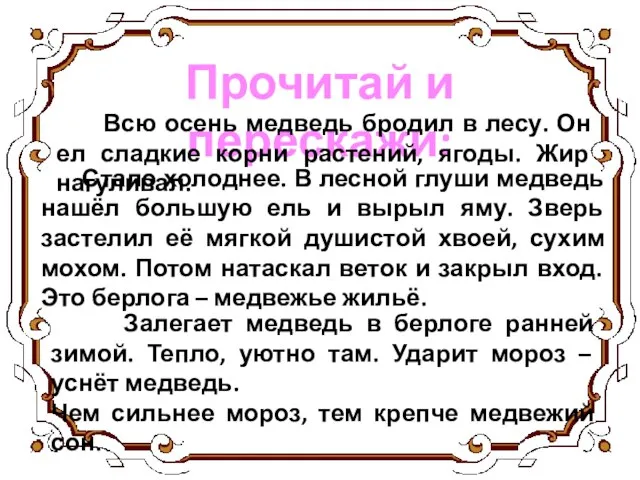 Прочитай и перескажи: Всю осень медведь бродил в лесу. Он ел сладкие