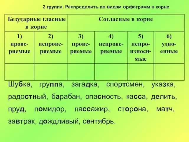 Шубка, группа, загадка, спортсмен, указка, радостный, барабан, опасность, касса, делить, пруд, помидор,