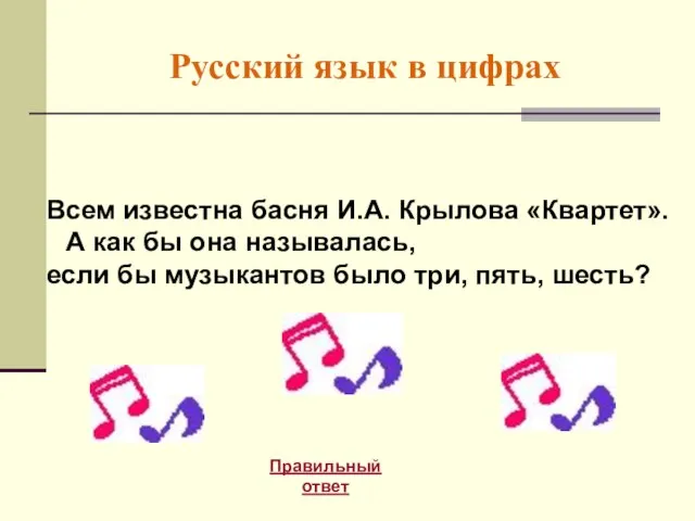 Русский язык в цифрах Правильный ответ Всем известна басня И.А. Крылова «Квартет».