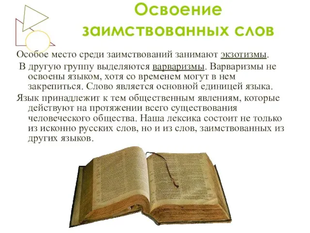 Освоение заимствованных слов Особое место среди заимствований занимают экзотизмы. В другую группу