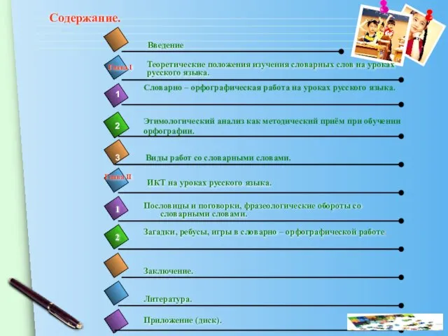 Содержание. Словарно – орфографическая работа на уроках русского языка. 1 2 3