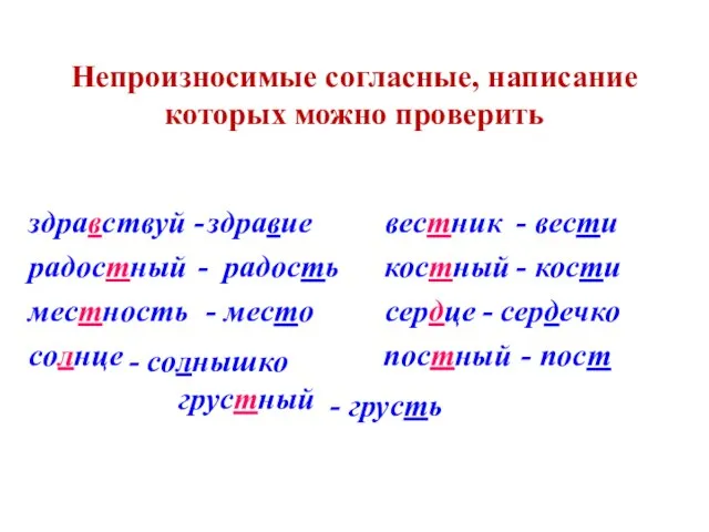 Непроизносимые согласные, написание которых можно проверить здравствуй - вестник радостный костный местность