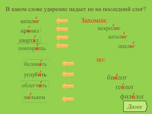 В каком слове ударение падает не на последний слог? каталог квартал облегчить